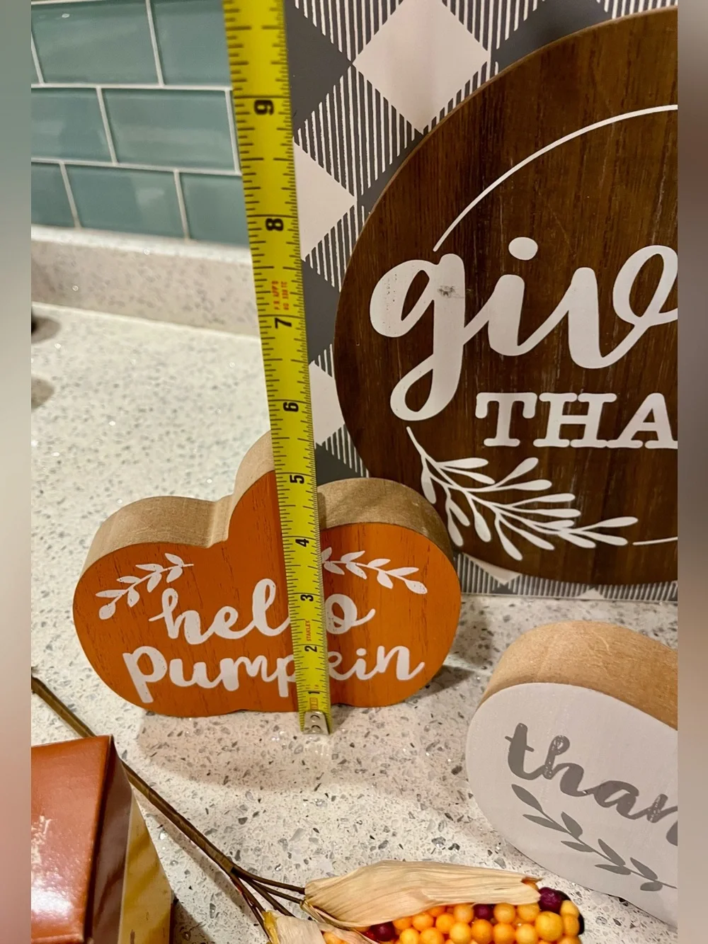 Give Thanks Wooden Fall Sign with Pumpkin Trio. Includes Ceramic S & P Shakers
